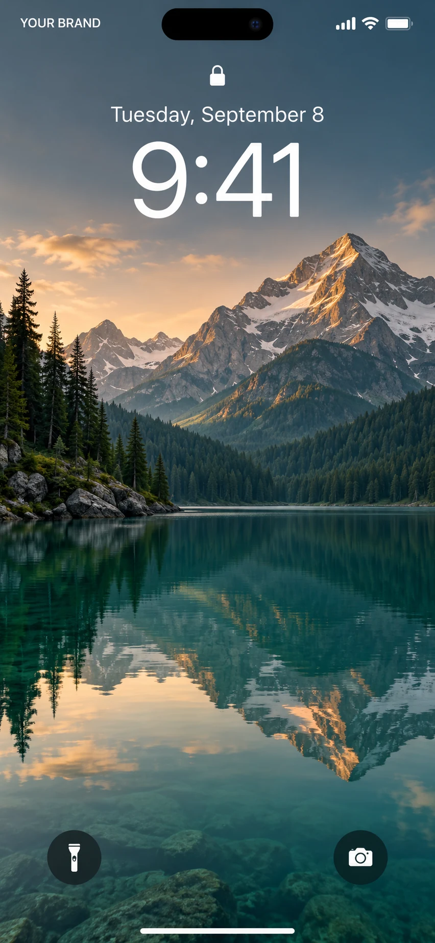 Illustration of an iPhone lock screen with YOUR BRAND in the carrier field