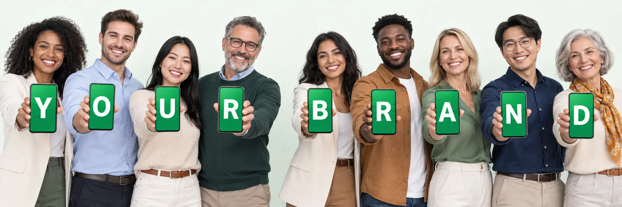 Nine smiling people hold up phones, each showing one letter that together spell YOUR BRAND